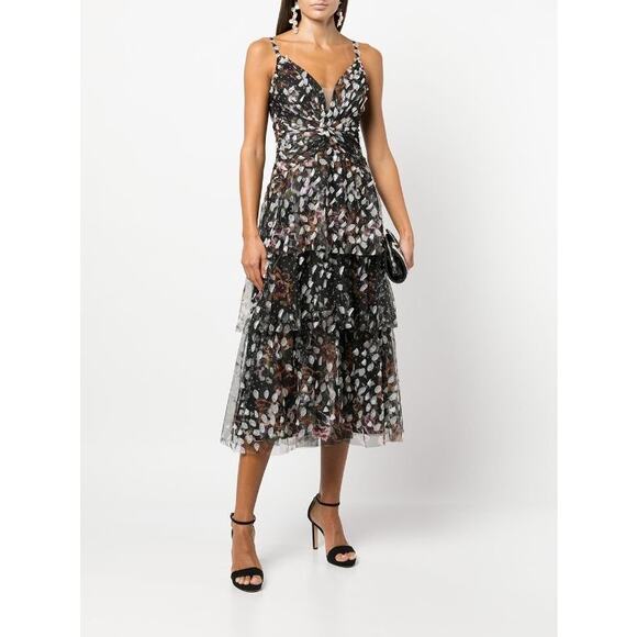 Marchesa Notte black appliqué tiered party  V-neck dress size 10 / M - Picture 2 of 12